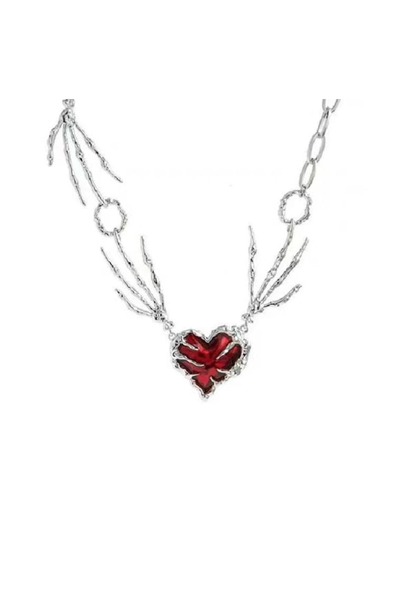 Dark Red Heart Ghost Claw Necklace – Gothic Punk Pendant Choker for Women and Men,Valentine's Day Statement Jewelry Gift