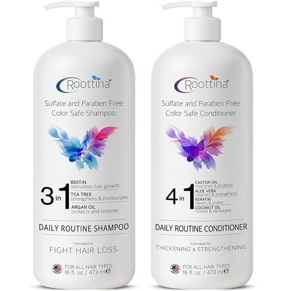 3-in-1 Roottina Daily Routine Shampoo and Conditioner Set, Sulfate Free & Paraben Free, Color Safe, Unscented, Infused with Biotin, Argan Oil & Coconut Oil, For All Hair Types, Men & Women (16 fl oz