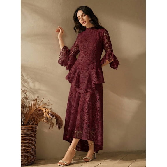 Dark Red Lace Midi Dress With High Neck And Ruffle Bell Sleeves