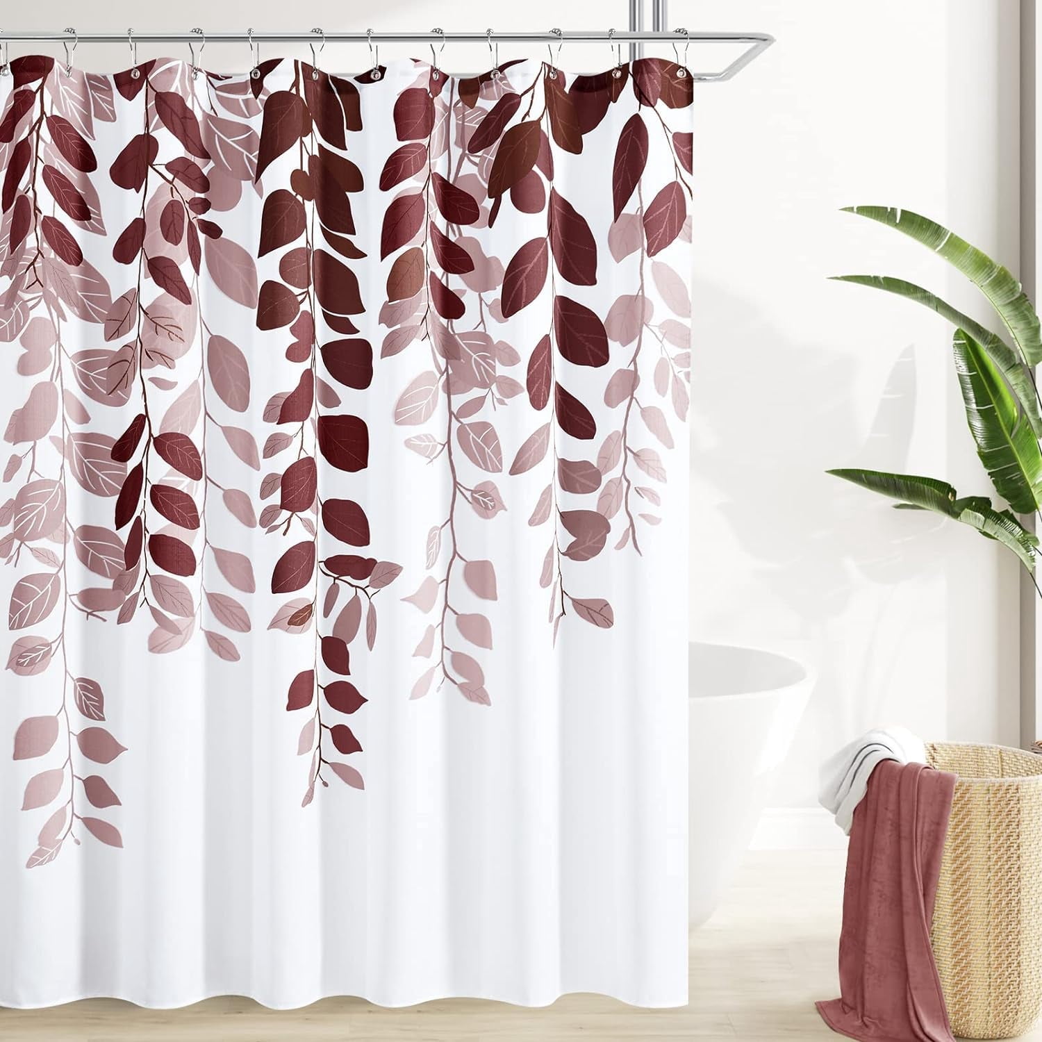 Dark Red Leaves Shower Curtain Set Burgundy Red Watercolor Eucalyptus Shower Curtain for Bathroom Botanical Nature Floral Plant Shower Bath Curtain Natural Bathroom Decor 72x72 inch