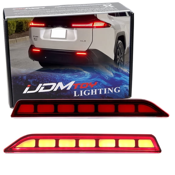 Dark Red Lens Full LED Rear Bumper Reflector Lights For Toyota 2026-up RAV4, Function as Tail, Brake, Rear Fog Lamps & Sequential Blink Turn Signal