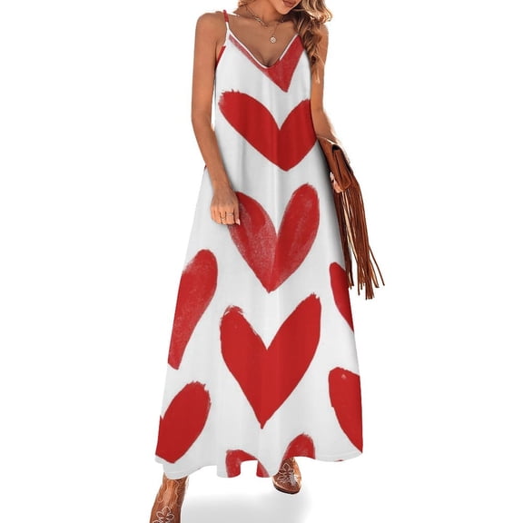 Dark Red Love Heart Pattern Sleeveless Dress Women's Evening Dress Womans Clothing