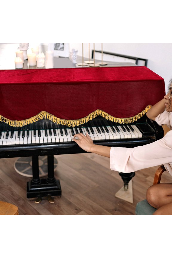 Elegant Dark Red Velvet Upright Piano Protector with Tassels