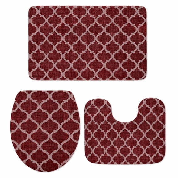 Dark Red Plaid Bathroom Rugs Set Retro Country Moroccan National Geometrical Plaid Non Slip Absorbent Soft Bath Mats 3 Piece Set with Bathroom Rug, U-Shaped Floor Mat, Toilet Seat Cover Small Size