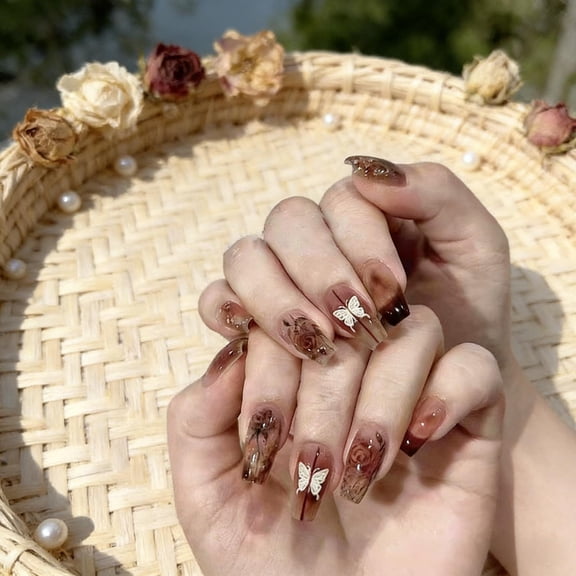 Dark Red Press on Nails French Coffin Fake Nails Tips Full Cover Butterfly Medium False Nails for Women and Girls 24PCS