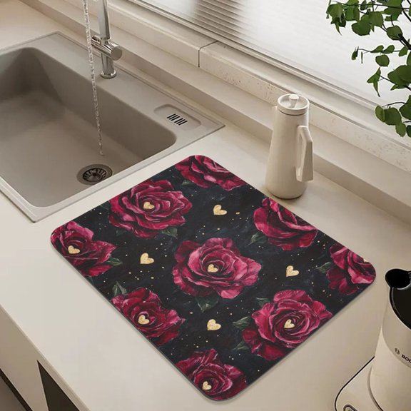 Dark Red Rose Dish Drying Mat for Kitchen Counter Absorbent Drainer Mats (15.7X11.8inch)