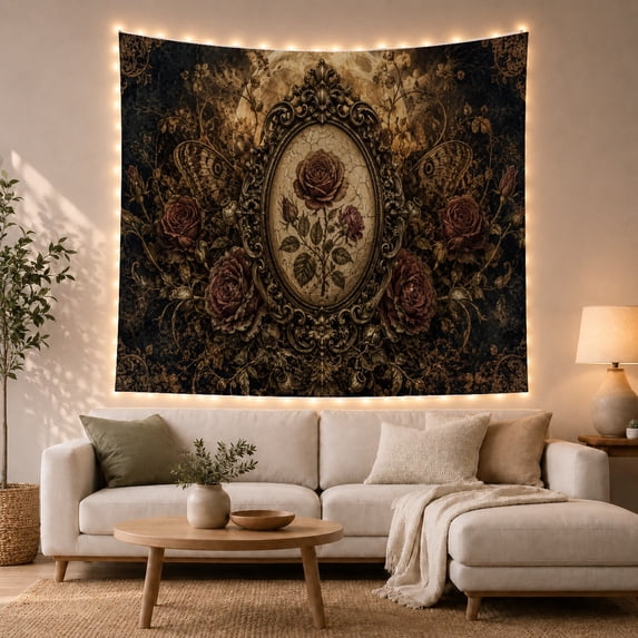 Dark Red Rose in Frame with Moths and Moon, Romantic Gothic for Gothic Lovers, Dark Floral Art, Halloween Gift, Tapestry Wall Hanging for Bedroom and Living Room
