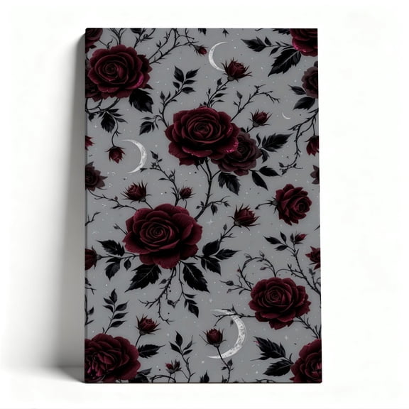 Dark Red Roses & Crescent Moons Canvas Wall Art, Gothic Floral Decor, Moody Botanical Artwork for Bedroom, Ready to Hang