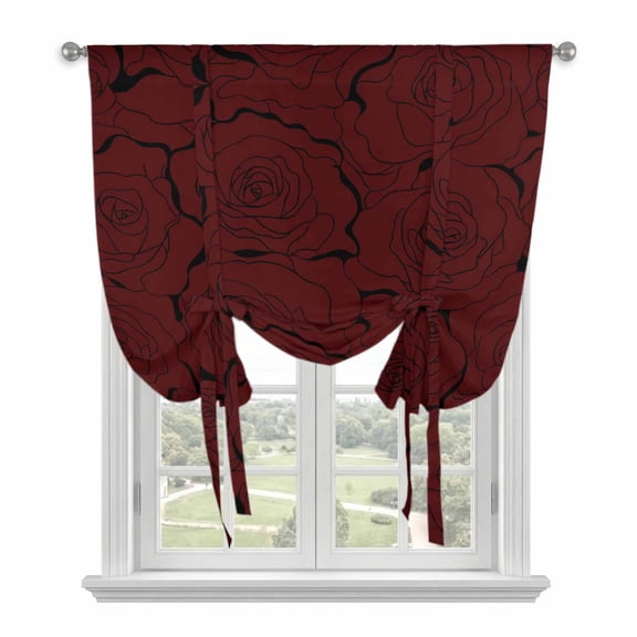 Dark Red Roses Tie Up Curtains 45 Inches Long, Kitchen Window Curtains Over Sink, Abstract Art Modern Elegant Floral Blossom Small Window Curtains Balloon Curtains Valances for Bedroom/Cafe 34"x45"