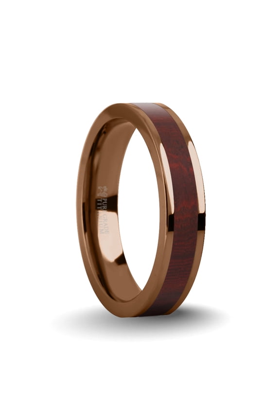 Dark Red Sandalwood Wood Inlay Brown Titanium Wedding Ring, 4mm, Size 6.5