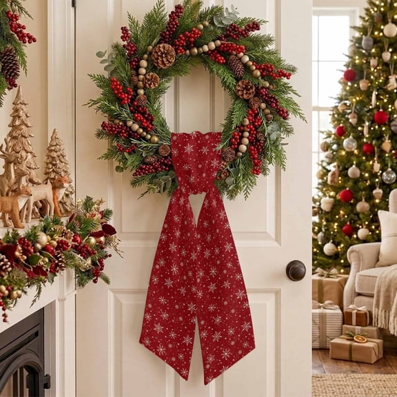 Dark Red Snowflakes Wreath Sash for Front Door, Frosty Winter Night White Snow Pattern Sash for Wreath, Home Decor Wall Window Porch Decoration Indoor Outdoor 4.5'' x 56''
