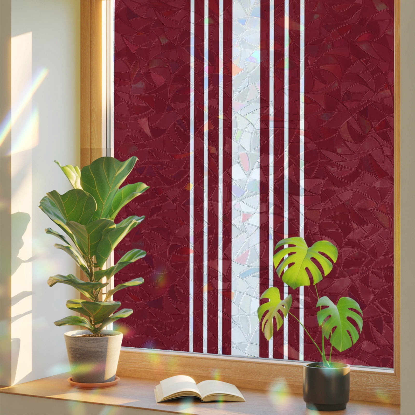 Window 98 Red Dark Red Striped Window Privacy Film Rainbow Static Cling Stain Glass ...