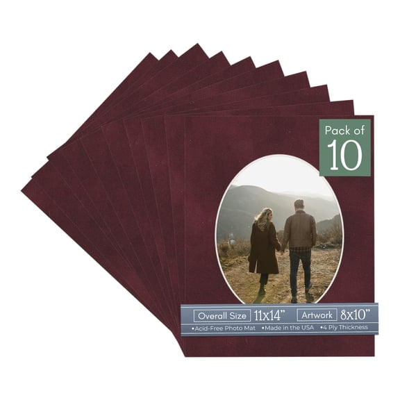 Dark Red Suede Picture Frame Mat for 11x14 Frames - Oval Opening for 8x10 Photos - 10 Mats