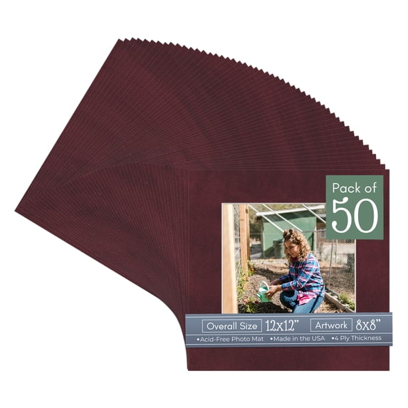 Dark Red Suede Picture Frame Mat for 12x12 Frames - Fits 8x8 Photos - 50 Mats