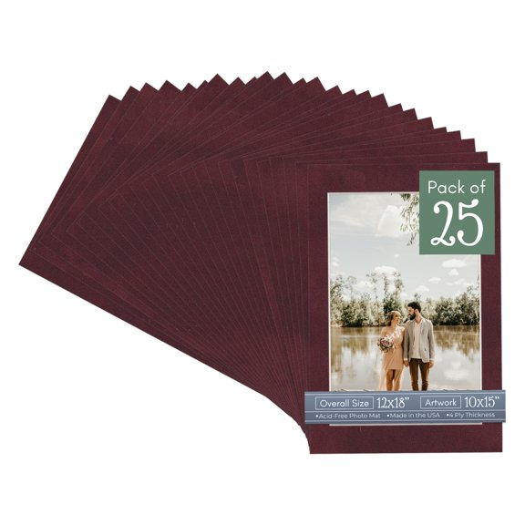 Dark Red Suede Picture Frame Mat for 12x18 Frames - Fits 10x15 Photos - 25 Mats
