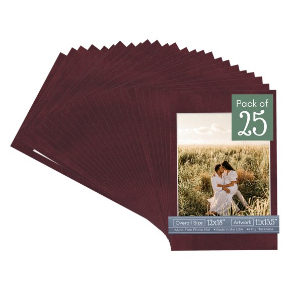 Dark Red Suede Picture Frame Mat for 12x18 Frames - Fits 11x13.5 Photos - 25 Mats