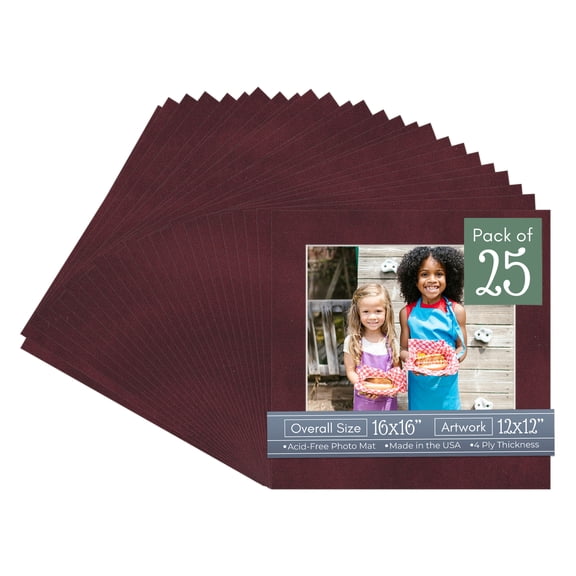 Dark Red Suede Picture Frame Mat for 16x16 Frames - Fits 12x12 Photos - 25 Mats
