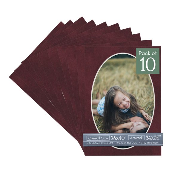 Dark Red Suede Picture Frame Mat for 28x40 Frames - Oval Opening for 24x36 Photos - 10 Mats