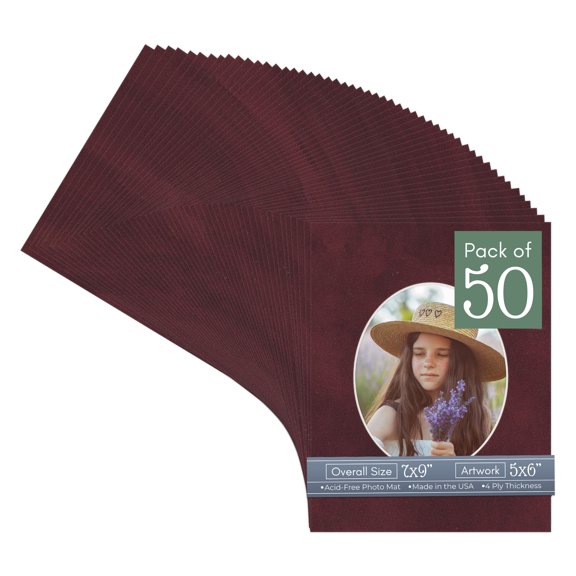 Dark Red Suede Picture Frame Mat for 7x9 Frames - Oval Opening for 5x6 Photos - 50 Mats