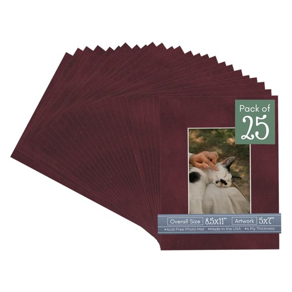 Dark Red Suede Picture Frame Mat for 8.5x11 Frames - Fits 5x7 Photos - 25 Mats