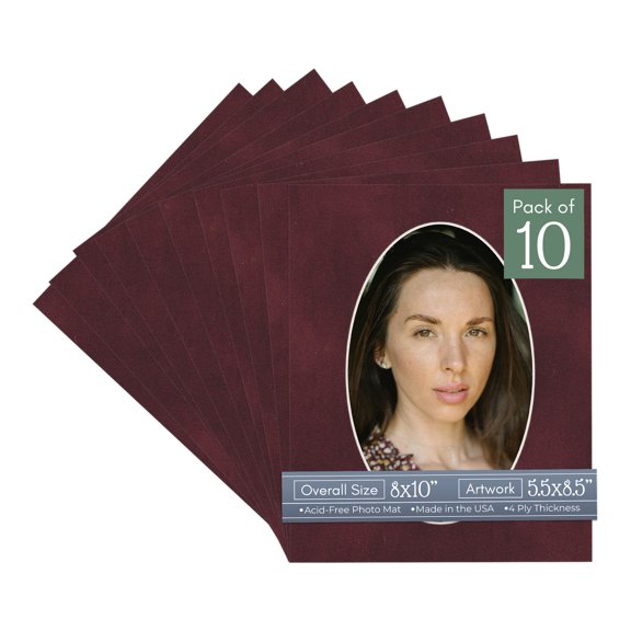 Dark Red Suede Picture Frame Mat for 8x10 Frames - Oval Opening for 5.5x8.5 Photos - 10 Mats