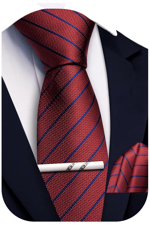 Dark Red Ties for Men Extra Long Tie Pocket Square Tie Clip Set Silk Striped 63" XL Big and Tall Necktie Business Formal