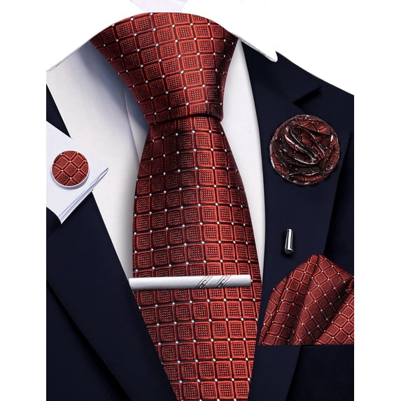 Dark Red Ties for Men Plaid Checkered Tie Set Silk Necktie Pocket Square Handkerchief Cufflinks Lapel Pin Tie Clip