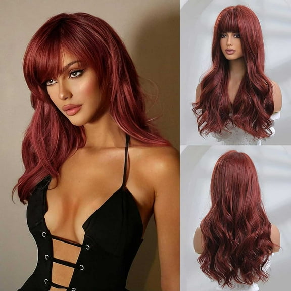 Dark Red Wig for Women - Long Straight Layered Realistic Hair Natural Synthetic Heat Wigs in Red