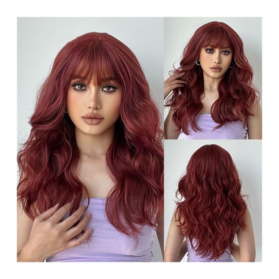 Dark Red Wigs with Bangs Long Wave Curly Synthetic Wig for Women Natural Breathable Heat Resistant Fiber Wigs with Bangs for Daily Party Cosplay Use