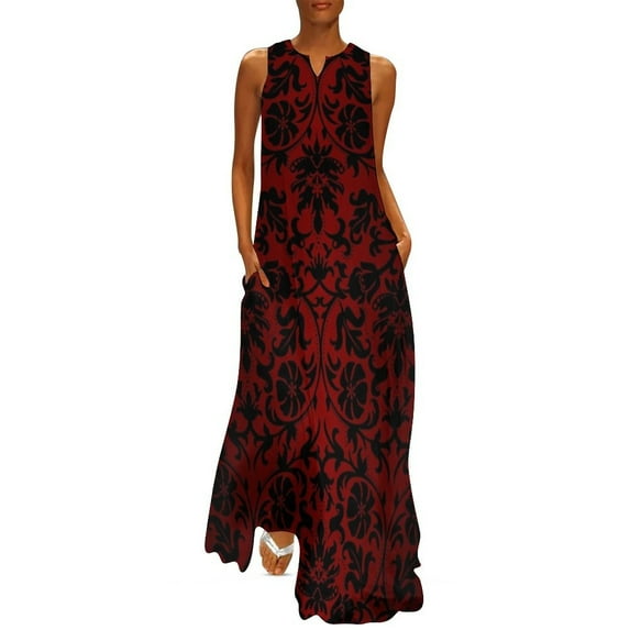 Dark Red and Black Damask Pattern Long Dress luxury dress evening dresses ladies Dress