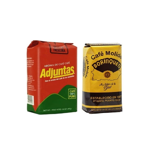 Dark Roast Puerto Rican Coffee - Cafe Adjuntas & Cafe Borinquen - 14oz each (2 pack) Includes 2 packets of Dulce Caa Stevia No Cal Sweetener