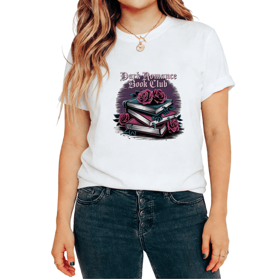 Dark Romance Book Club Stacked Books Rose Graphic Trendy Tees T-shirt Tops Short Sleeve Round Neck White S-5XL