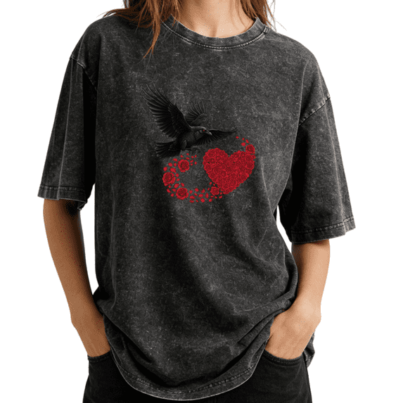 Dark Romance Book Lover Stacked Books Roses Wash Print Tshirt S-2XL Acid Washed Black Graphic Tees Casual Shirts for Reader Tops