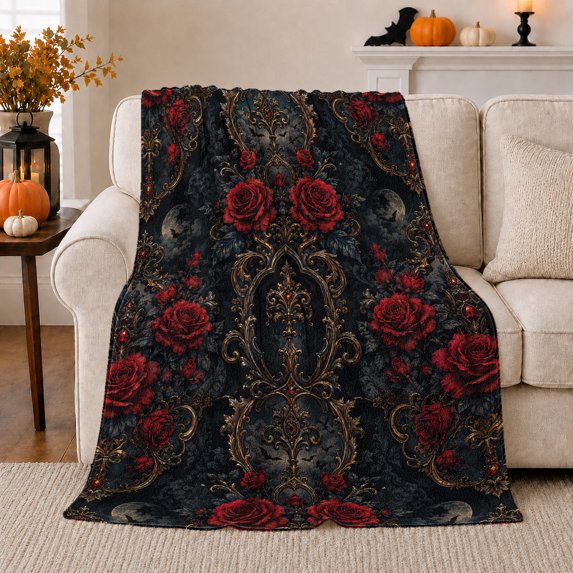 Dark Romance Roses and Gold Scrollwork Warm Flannel Blanket for Living Room and Family Room, Art Lovers Autumn Celebration Gift, Festive Home Decor