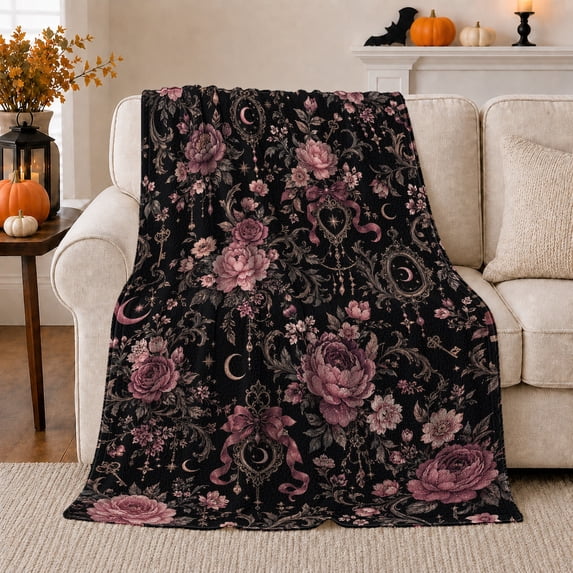 Dark Romantic Celestial Floral Keys Pattern, Mystical Celestial Art Scene, Warm Flannel Blanket for Sunroom and Reading Nook, Celestial Art Lovers Valentine's Day Gift, Artistic Home Decor