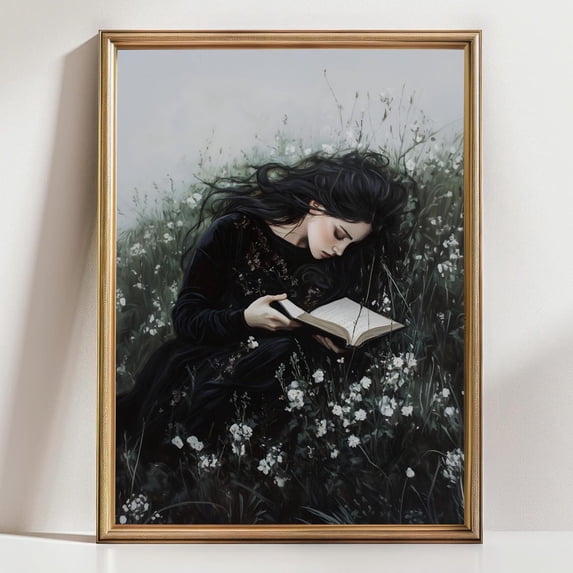 Dark Romantic Girl Reading Poster, Dreamy Gothic Woman In Wildflowers ...