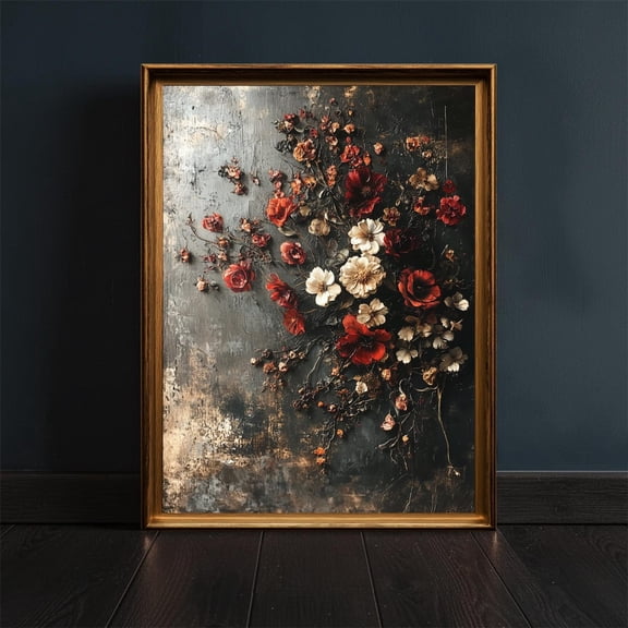 Dark Romantic Grunge Floral Art Print Distressed Moody Red and Cream Flower Wall Decor Dark Grungy Botanical Print Abstract Floral