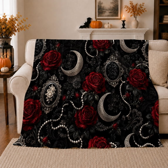 Dark Roses Crescents and Ornate Frames Print Soft Flannel Blanket, Illustrated Art Style for Art Enthusiasts, Housewarming Gift for Bedroom and Living Room, Home Decor