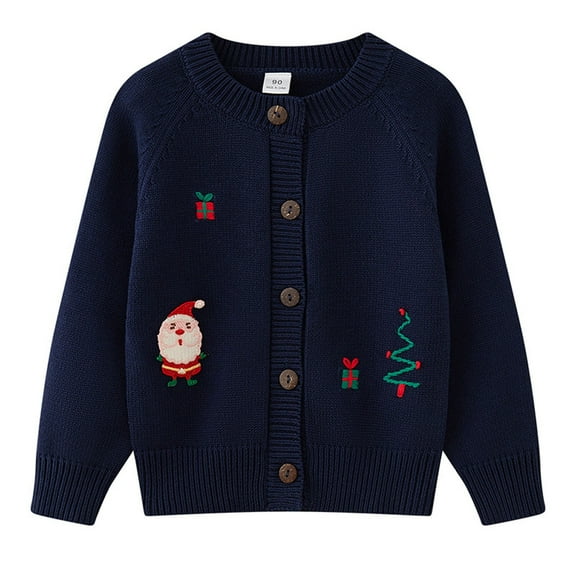 Dark Royal Blue Baby Coats for Children Boy Girl Fall Winter Long Sleeve Crew Neck Sweater Happy Holiday Christmas Brunch Crochet Warm Cable Knit Cardigan Outfits Child 2025 8 Years