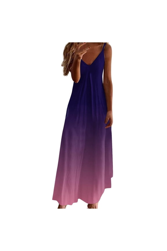 Dark Royal Blue Ladies Sleeveless Slip Dresses for Juniors V Neck Spandex Print Maxi Long Fall Summer Dresses 2026 Clothing Fashion S