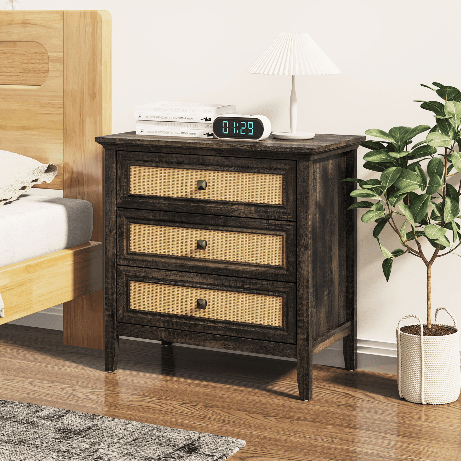Dark Rustic Oak Rattan 3 Drawer Dresser, Farmhouse Wooden Chest of Drawers, Storage Cabinet Nightstand for Bedroom Hallway Living Room