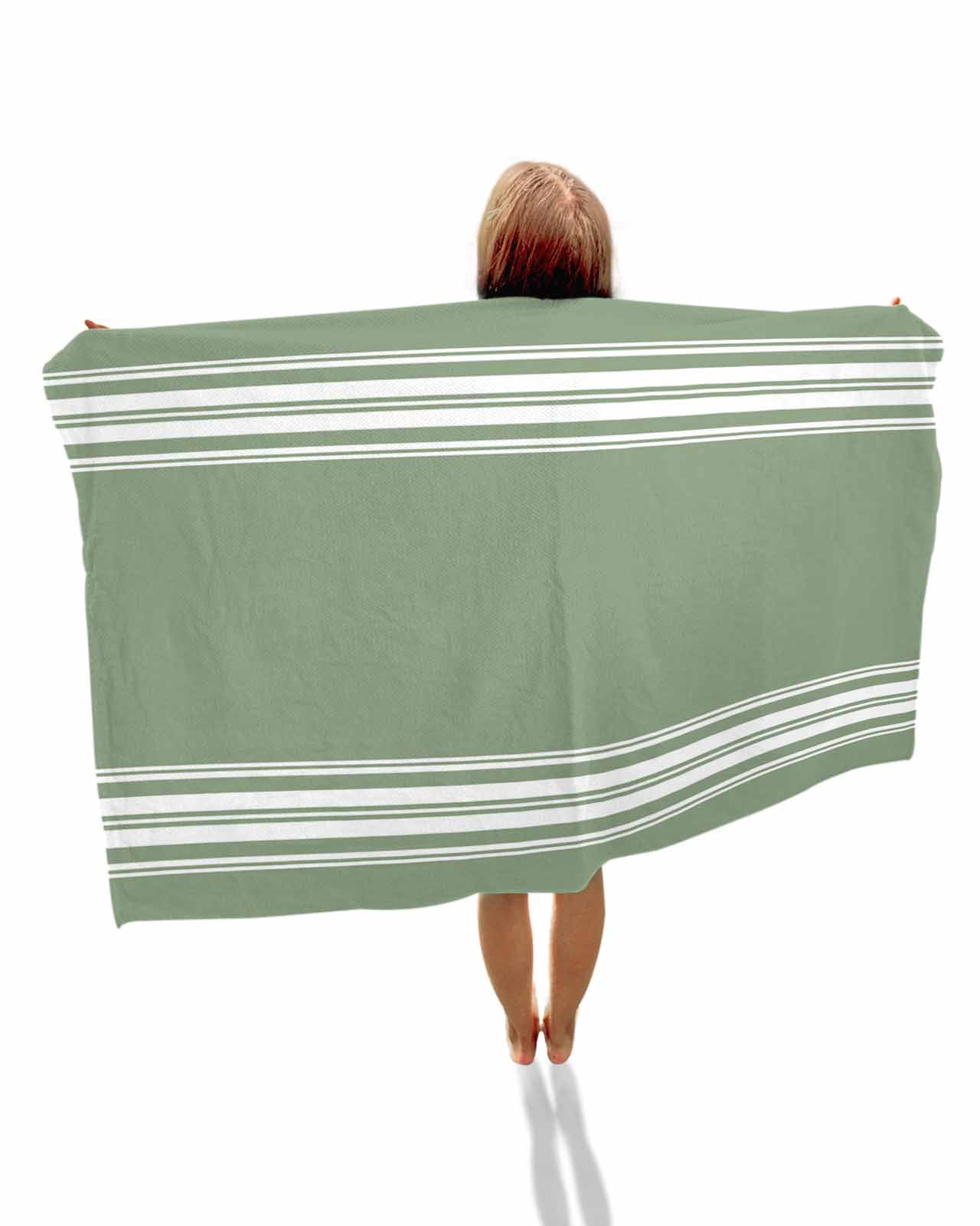 Dark Sage Green Beach Towels Oversized Super Absorbent, Farmhouse Sage Green White Striped Lightweight Bath Towel Quick Dry Sets For Bathroom/Pool/Rv Camping/Beach Play/Gym Room/Picnic 35"x70"