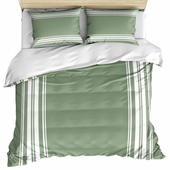 Dark Sage Green Bedding 3 Piece Duvet Cover Set Queen Size, Farmhouse Sage Green White Striped Soft Microfiber Comforter Cover with Zipper Closure & Pillowcases, Wrinkle & FadeResistant Quilt Cover