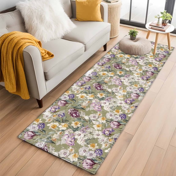 Dark Sage Green Botanical 2'x6' Runner Rugs for Hallway Kitchen Bedside Non Slip, Spring Floral Summer Botanical Retro Entryway Rug Runners with Rubber Backing, Long Carpet Runner for Laundry Room