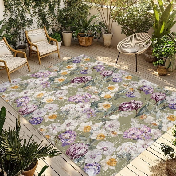 Dark Sage Green Botanical Outdoor Rug for Patio/Deck/Porch, Non-Slip Large Area Rug 5 x 8 Ft, Spring Floral Summer Botanical Retro Indoor Outdoor Rugs Washable Area Rugs, Camping Rug Carpet Runner