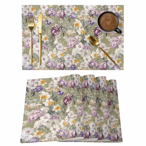 Dark Sage Green Botanical Placemats Set of 4, Spring Floral Summer Botanical Retro Placemats for Dining Table, Place Mats for Kitchen Tabletop, Waterproof Wipeable Dining Table Mats Set