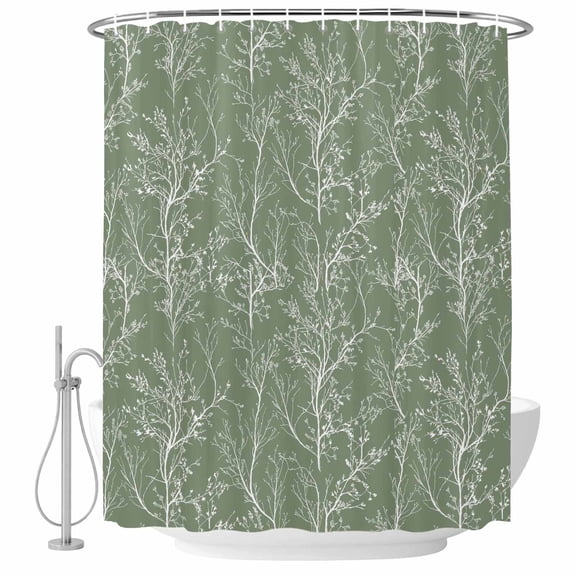 Dark Sage Green Botanical Shower Curtain Set - Small 36" x 72" Washable Bathtub Curtain with 12 Hooks, Vintage Floral Plants Branch Waterproof Fabric Stall Shower Curtains for Bathroom/Bathtub Décor