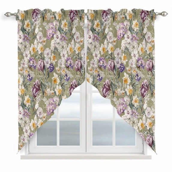 Dark Sage Green Botanical Swag Curtains for Kitchen/Bedroom/Living Room, Spring Floral Summer Botanical Retro Scalloped Curtains 63 Inch Long, Window Swag Topper Curtains Valances 2 Panels 36"x63"