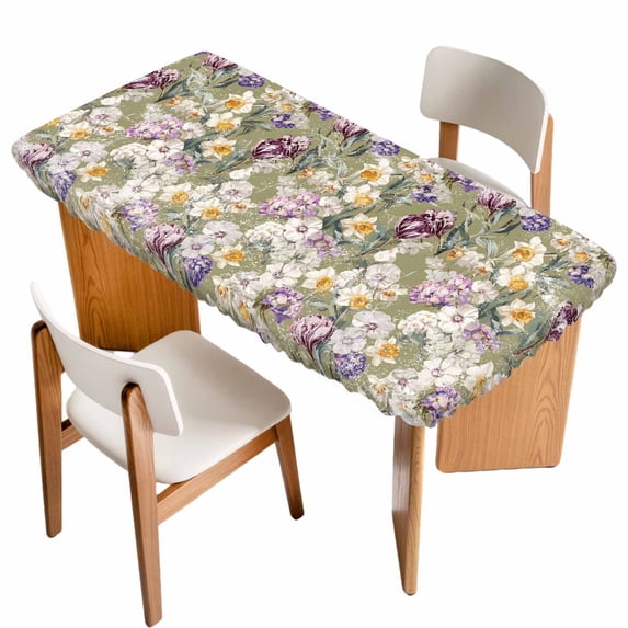 Dark Sage Green Botanical Table Cloths for 6 Foot Rectangle Tables, Spring Floral Summer Botanical Retro Patio Waterproof Elastic Fitted Tablecloths, Washable Rectangular Table Cover for Camping