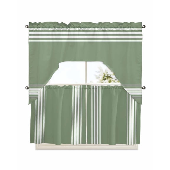 Dark Sage Green Kitchen Curtain and Valance Set 3 Pieces,Rod Pocket Short Tier Curtains 24 Inch Length,Farmhouse Sage Green White Striped Swag Topper Small Window Treatment for Cafe Bathroom Bedroom